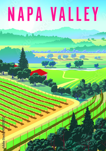 Romantic rural landscape in Napa Valley with vineyards, farms, meadows, fields and trees in the background. Handmade drawing vector illustration. Vintage style Poster.