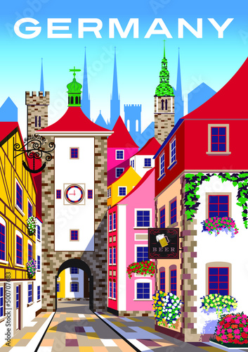 Medieval urban landscape. Germany travel poster. Handmade drawing vector illustration.