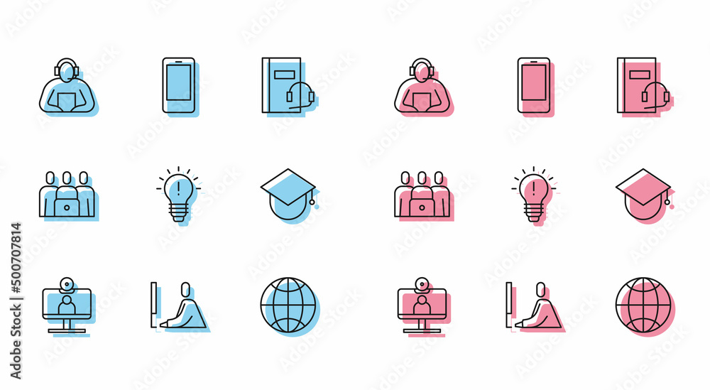 Set line Video chat conference, Student working laptop, Social network, Light bulb with concept of idea, Graduation cap globe, Online class and Mobile phone icon. Vector Set line Video chat conference, Student working laptop, Social network, Light bulb with concept of idea, Graduation cap globe, Online class and Mobile phone icon. Vector