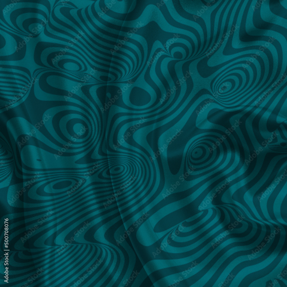 Turquoise blue background. Silk fabric texture with geometric pattern. Many irregular folds. Abstract background best for luxury desing.