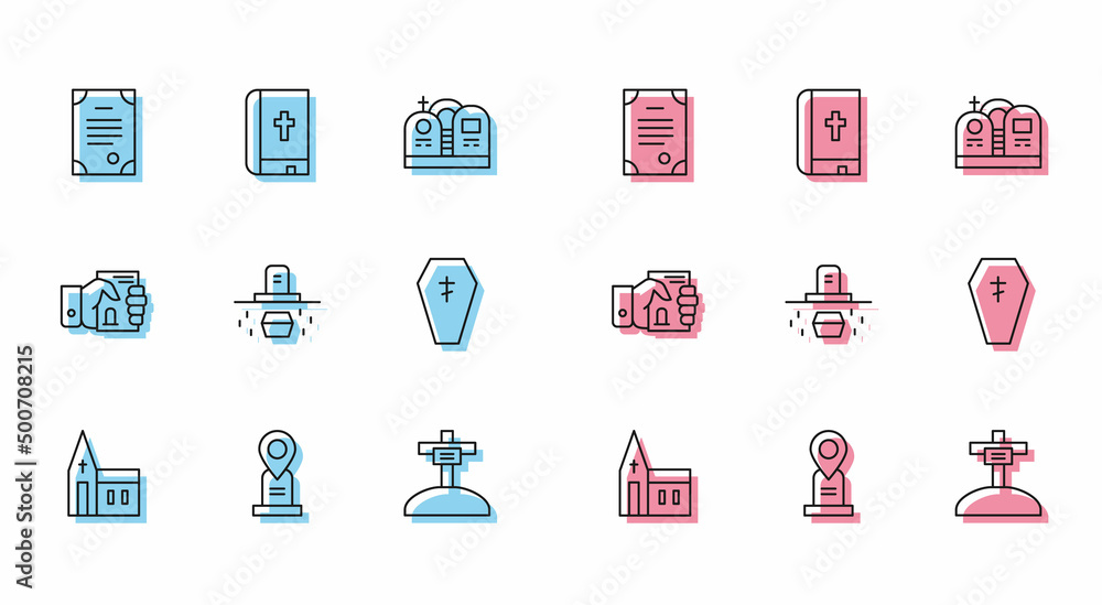 Set line Church building, Location grave, Death certificate, Grave with cross, coffin, Coffin, hand and Holy bible book icon. Vector Set line Church building, Location grave, Death certificate, Grave with cross, coffin, Coffin, hand and Holy bible book icon. Vector