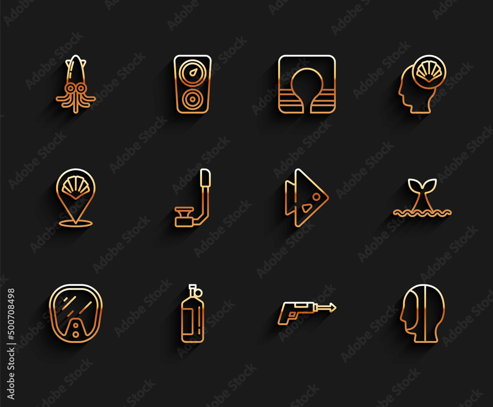 Set line Diving mask, Aqualung, Octopus, Fishing harpoon, hood, Snorkel, Whale tail ocean wave and icon. Vector