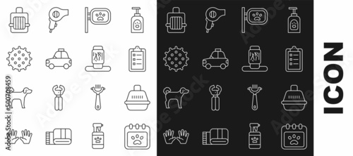 Set line Calendar grooming, Pet carry case, Grooming salon price list, taxi, Tennis ball, and Cat scratching post icon. Vector