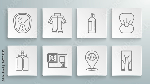 Set line Aqualung, Wetsuit, Action camera, Scallop sea shell, Shell with pearl and Diving mask icon. Vector