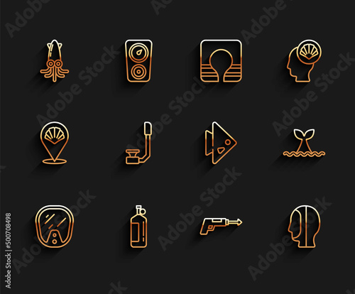 Set line Diving mask, Aqualung, Octopus, Fishing harpoon, hood, Snorkel, Whale tail ocean wave and icon. Vector