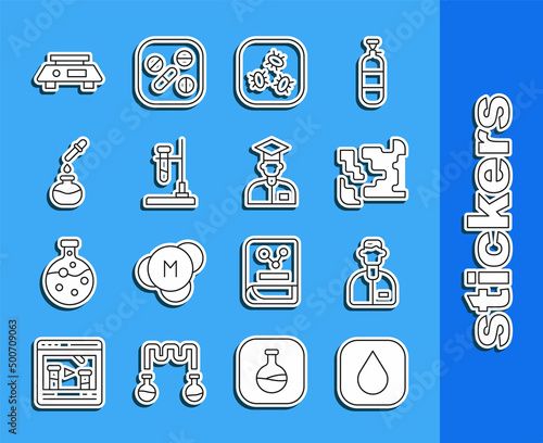 Set line Water drop, Laboratory assistant, Gaseous, Bacteria, Test tube flask on fire, and, Electronic scales and icon. Vector