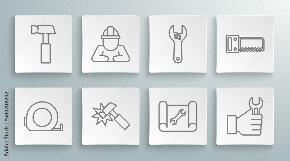 Set line Roulette construction, Builder, Hammer, Graphing paper and wrench, Wrench spanner, Adjustable, Hand saw and icon. Vector Set line Roulette construction, Builder, Hammer, Graphing paper and wrench, Wrench spanner, Adjustable, Hand saw and icon. Vector