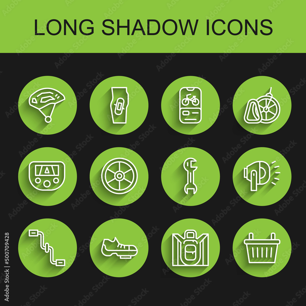 Set line Bicycle pedals, shoes, helmet, Hiking backpack, basket, wheel, head lamp and Wrench spanner icon. Vector Set line Bicycle pedals, shoes, helmet, Hiking backpack, basket, wheel, head lamp and Wrench spanner icon. Vector