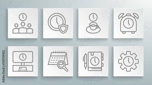 Set line Smart Tv time, Clock with shield, Calendar search, Daily paper notepad, Time Management, Coffee, Alarm clock and icon. Vector