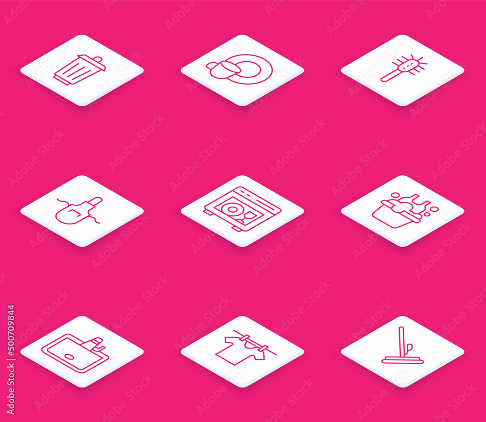 Set line Trash can, Washing dishes, Toilet brush, Kitchen apron, Dishwasher machine, Basin with soap suds, Washbasin and Drying clothes icon. Vector Set line Trash can, Washing dishes, Toilet brush, Kitchen apron, Dishwasher machine, Basin with soap suds, Washbasin and Drying clothes icon. Vector