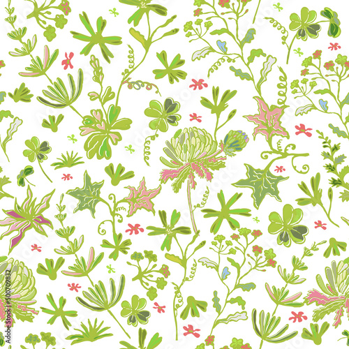 Fényképezés Wildflowers green seamless pattern. Handwork. Vector illustration