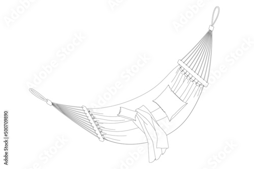 The contour of a hanging bed with a blanket and pillows from black lines isolated on a white background. Isometric view. Vector illustration