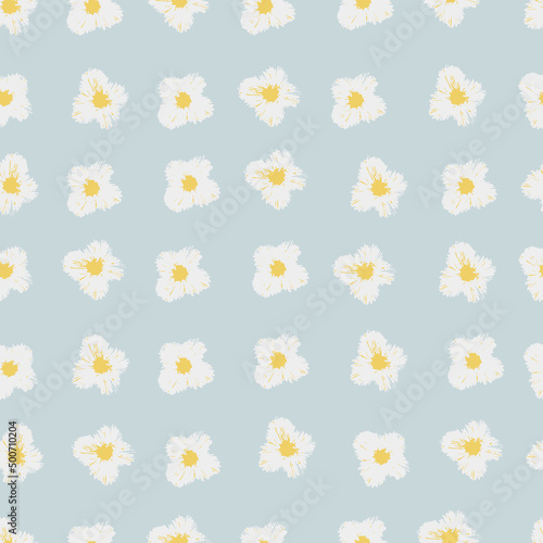 Seamless colorful pattern with hand drawn viola flower heads in rows on blue background for surface design and other design projects