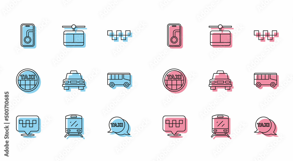 Set line Location with taxi, Train, City map navigation, Taxi call telephone service, car, Bus, roof and Cable icon. Vector Set line Location with taxi, Train, City map navigation, Taxi call telephone service, car, Bus, roof and Cable icon. Vector