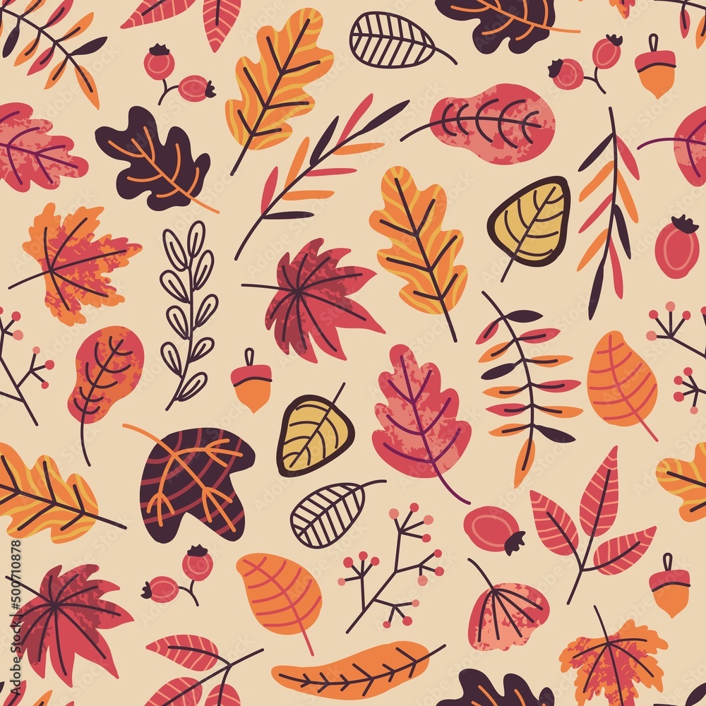 Fall seamless pattern with autumn leaves, berries and acorns in trendy style. Maple, oak and rowan leaf background for fabric, wallpaper or gift wrapping vector print