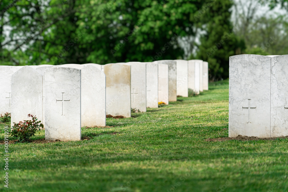Fototapeta premium Rows of white tombstones at the military memorial cemetery.