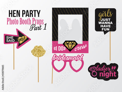 Hen Party photobooth picture Frame & Props. Pink black color lips, heart glasses, diamond and signs She said Yes, Ladies night, Girls just want have fun, I do Crew, Bridesmaid with glitter. Part 1.