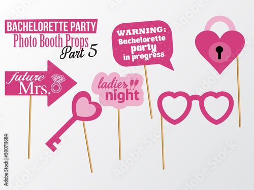 Set of printable Bachelorette photobooth  Props vector elements. Pink color template heart lock, key, glasses and signs Ladies night, Future Mrs. on sticks. Part 5.