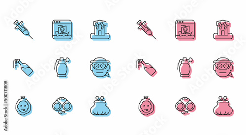 Set line Murder, Handcuffs, Syringe, Wallet, grenade, Bandit, Cocktail molotov and Internet piracy icon. Vector