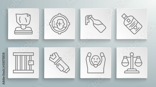Set line Prison window, Headshot, Police electric shocker, Thief surrendering hands up, Scales of justice, Cocktail molotov, Whiskey bottle and Kidnaping icon. Vector