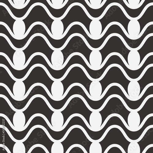 Wavy white lines in a pattern. Vector from wavy stripes on a black background. Simple and black and white vector pattern. Seamless and primitive vector pattern of wavy white lines.