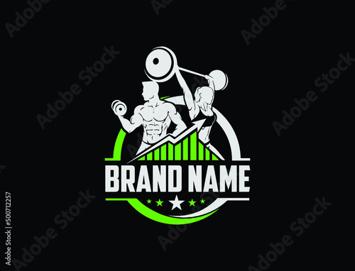 Gym, fitness Analytic Logo Icon Design with male and female bodybuilders