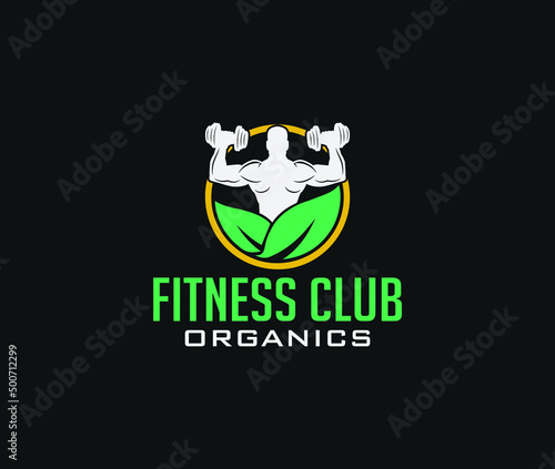nutrition logo and strong man with barbell and leaf icon illustration vector template.