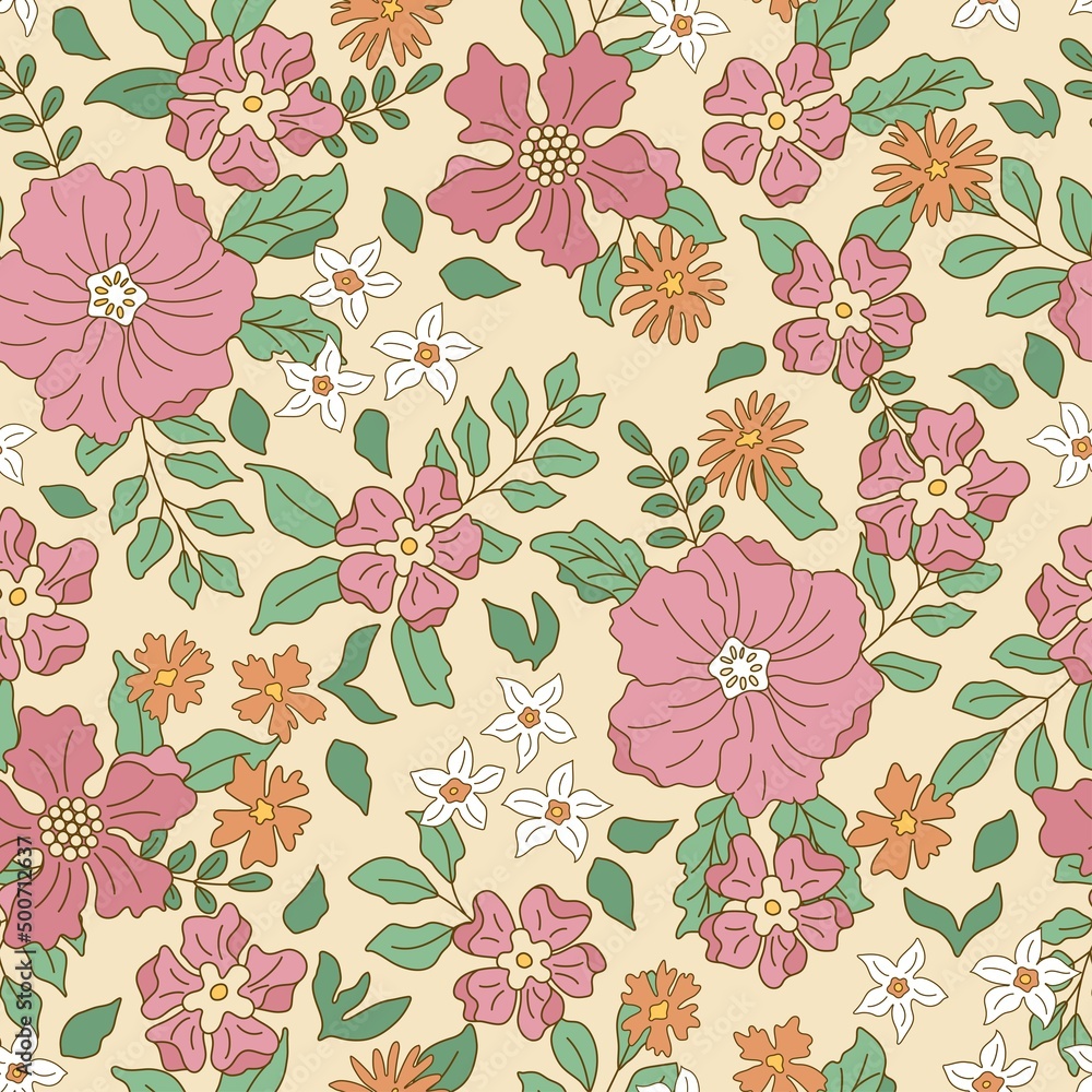 Seamless pattern with spring flowers, cherry blossom, narcissus and other flowers. Vector illustration.