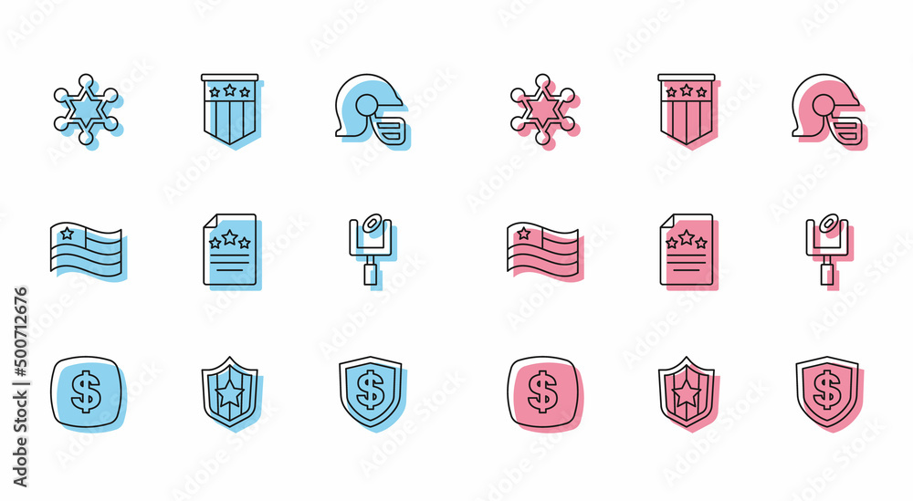 Set line Dollar symbol, Shield with stars, Hexagram sheriff, dollar, Declaration of independence, American football goal post, flag and icon. Vector Set line Dollar symbol, Shield with stars, Hexagram sheriff, dollar, Declaration of independence, American football goal post, flag and icon. Vector