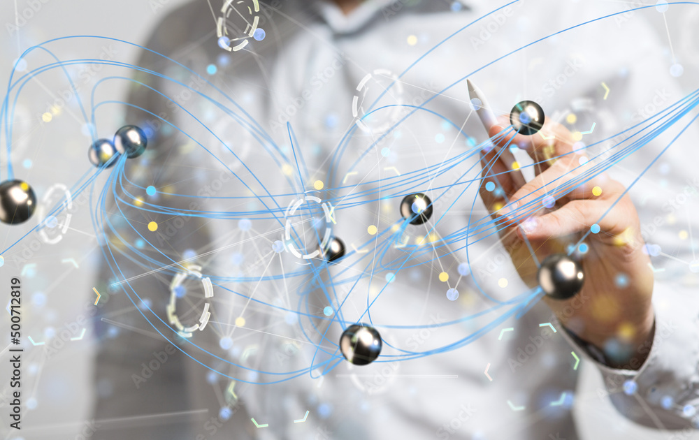 Obraz premium abstract lines with dots over dark background.