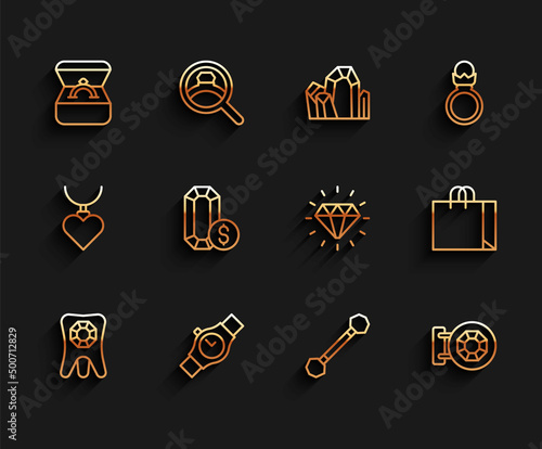 Set line Tooth with diamond, Wrist watch, Diamond engagement ring in box, Piercing, Jewelry store, online shopping, Shopping bag jewelry and icon. Vector