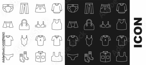 Set line Undershirt, Shirt, Skirt, Handbag, Men underpants, and Bra icon. Vector