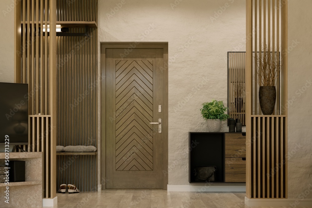 Wooden hallway design with enter door and modern furniture. 3D illustration - obrazy, fototapety, plakaty 
