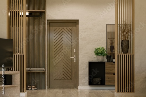 Foto Wooden hallway design with enter door and modern furniture