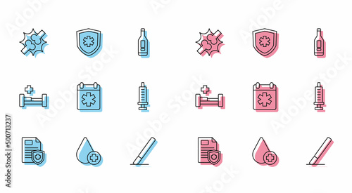 Set line Patient record, Donate drop blood, Joint pain, knee pain, Surgery scalpel, Doctor appointment, Syringe, Hospital bed and Life insurance icon. Vector