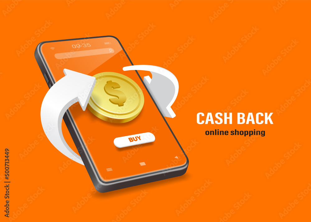 One dollar coin is on the smartphone screen and a white arrow revolves  around it for making advertising media promotions cash back,vector 3d  isolated on orange background for online shopping concept Stock