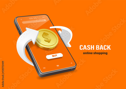 One dollar coin is on the smartphone screen and a white arrow revolves around it for making advertising media promotions cash back,vector 3d isolated on orange background for online shopping concept