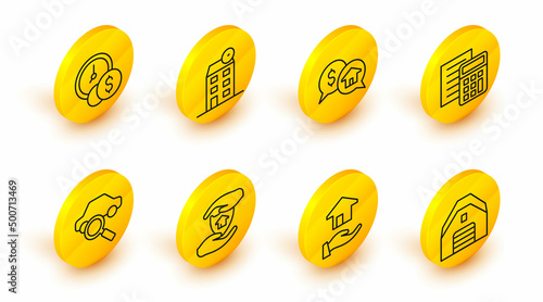 Set line Garage, Realtor, House with shield, Car sharing, Calculator, Price negotiation, and Time is money icon. Vector