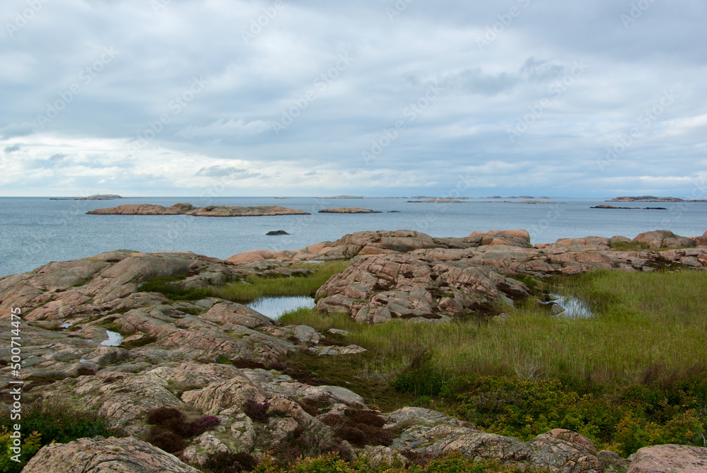 Landscape with ocean and red granite boulders on the Swedish west coast.
