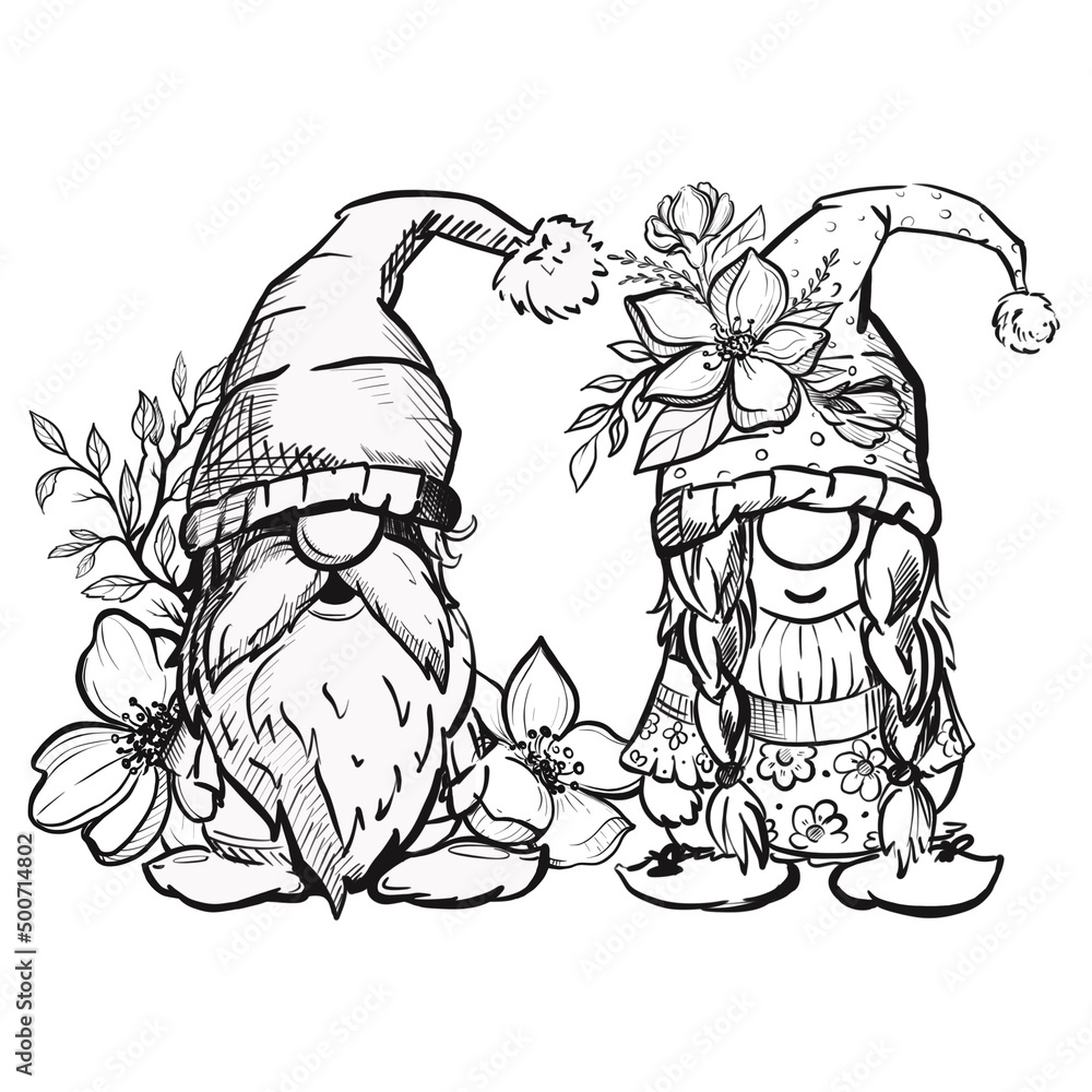 line art illustration, black and white sketch hand draw, gnomes spring