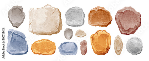 Stone vector. Rock set. Cartoon boulder isolated. Pebble texture. Nature wall, mountain debris shape. Broken blocks. Watercolor illustration. Stone rock art. Cliff beach color stones. Sand round set