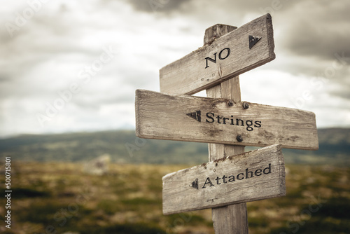 no strings attached text quote written in wooden signpost outdoors in nature. Moody theme feeling.