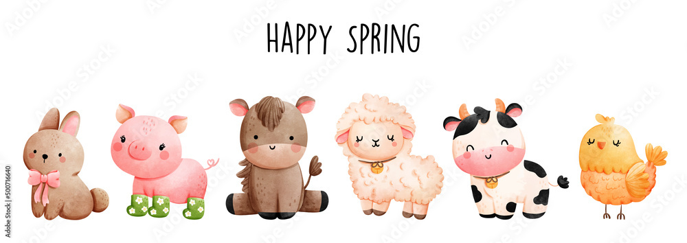 Happy Spring with cute farm animals, Vector illustration Stock Vector |  Adobe Stock