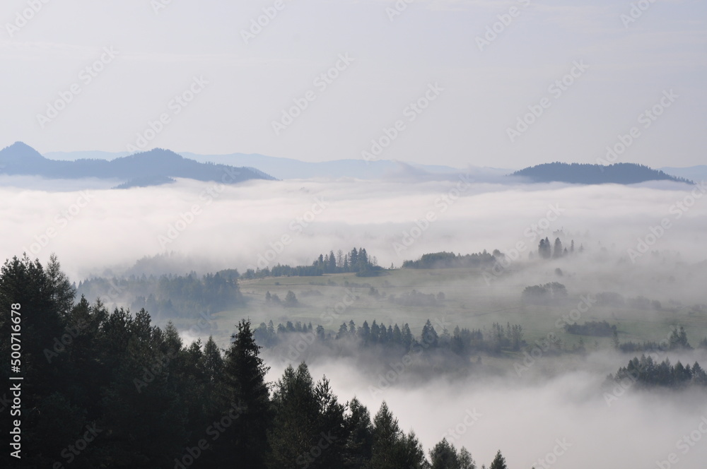 mgła, poranek, Pieniny, Kluszkowce, góry, wiosna, chmury, 