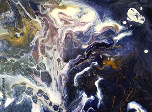 Abstract liquid art background in dark purple, pink, white and bronze colors. Liquid marble. Acrylic painting on canvas with golden lines and gradient.
