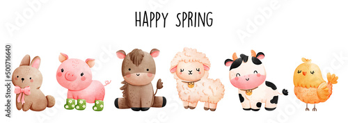 Fotografia Happy Spring with cute farm animals, Vector illustration
