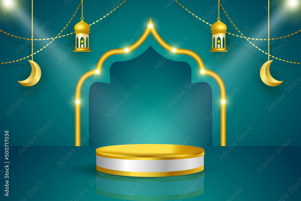 podium template design with Islamic concept, light effect, hanging ornament vector podium template design with Islamic concept, light effect, hanging ornament vector