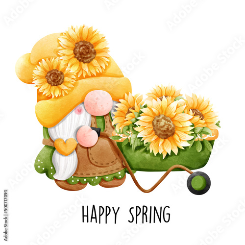 Happy Spring with sunflower gnome, Vector illustration