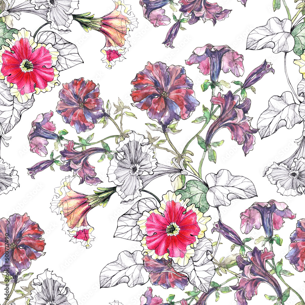 Floral seamless pattern with watercolor flowers and graphic flowers petunia.