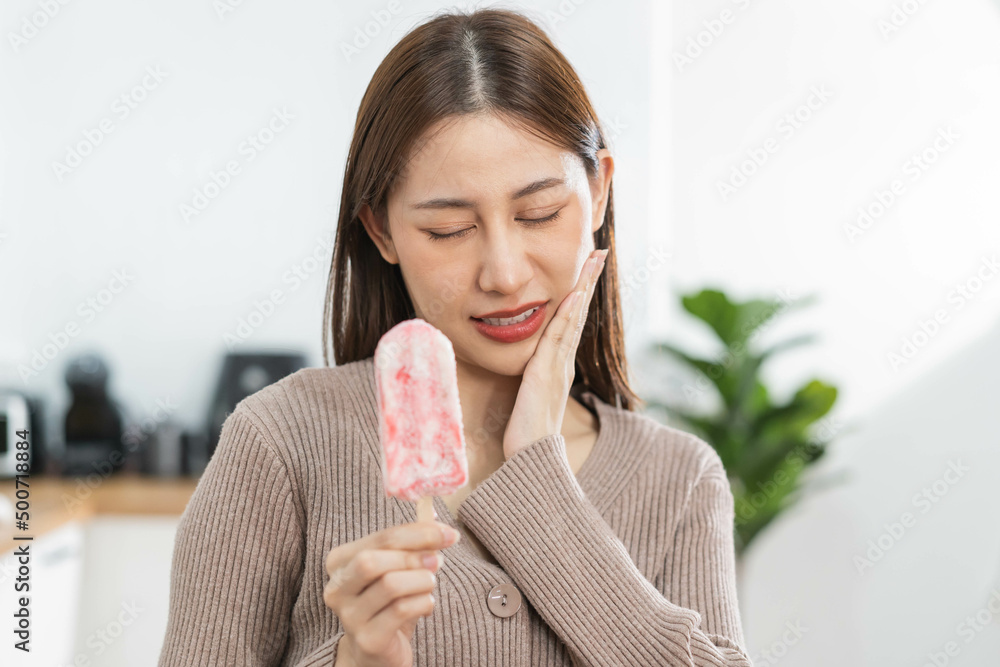 Health asian young woman touching cheek, expression, suffering from toothache, decay or